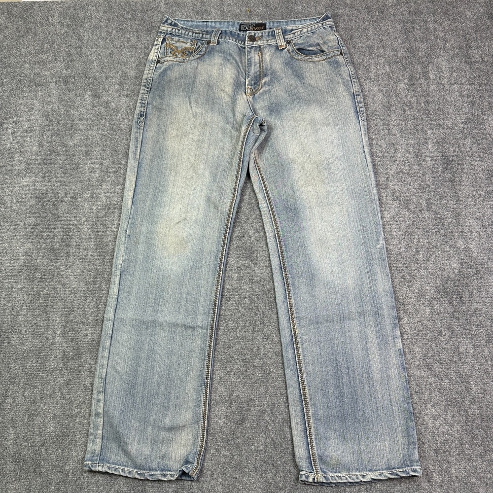 Bailey's Pt Black Jeans Mens 34x32 Straight Leg Flap Pockets Blue Distressed